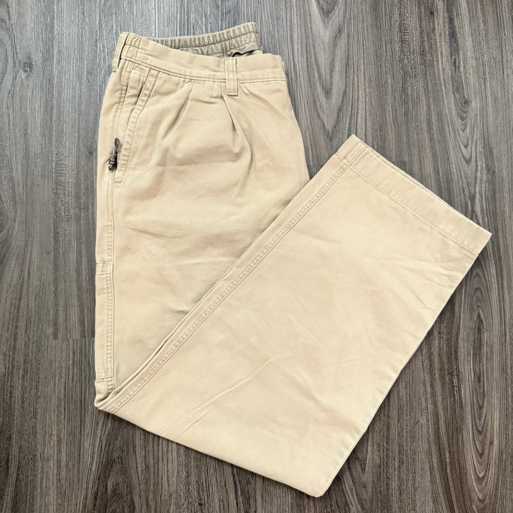LL Bean Pleated Chino Carpenter Pants 38x34(32) tan elastic waistband casual